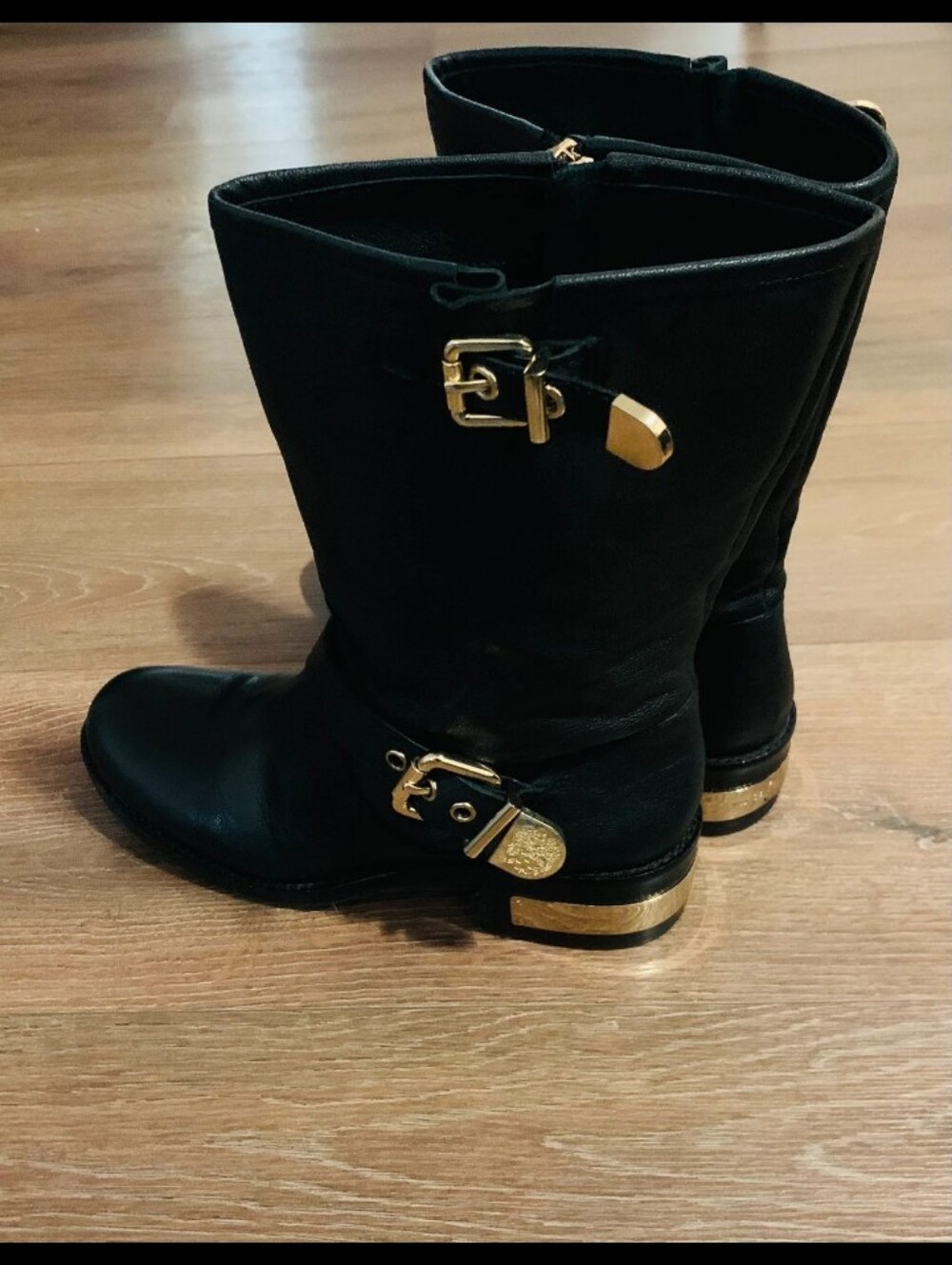 Black Women's Mid-Calf Boots with Gold Accents